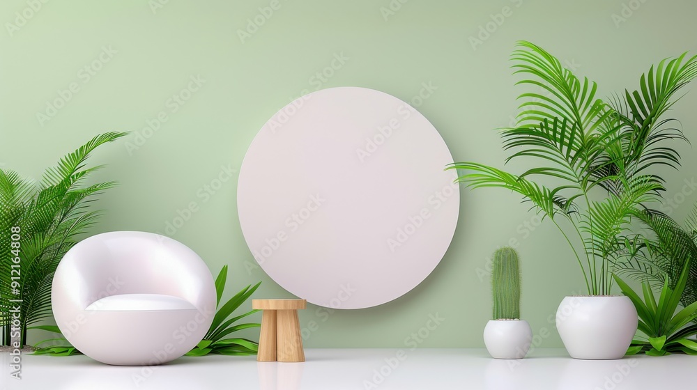 Fototapeta premium Modern Minimalist Interior Design Mockup with Round Mirror