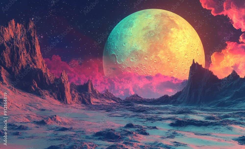 Breathtaking Alien Planet Landscape Under a Colorful Moon During Cosmic Night Breathtaking Alien Planet Landscape Under a Colorful Moon During Cosmic Night