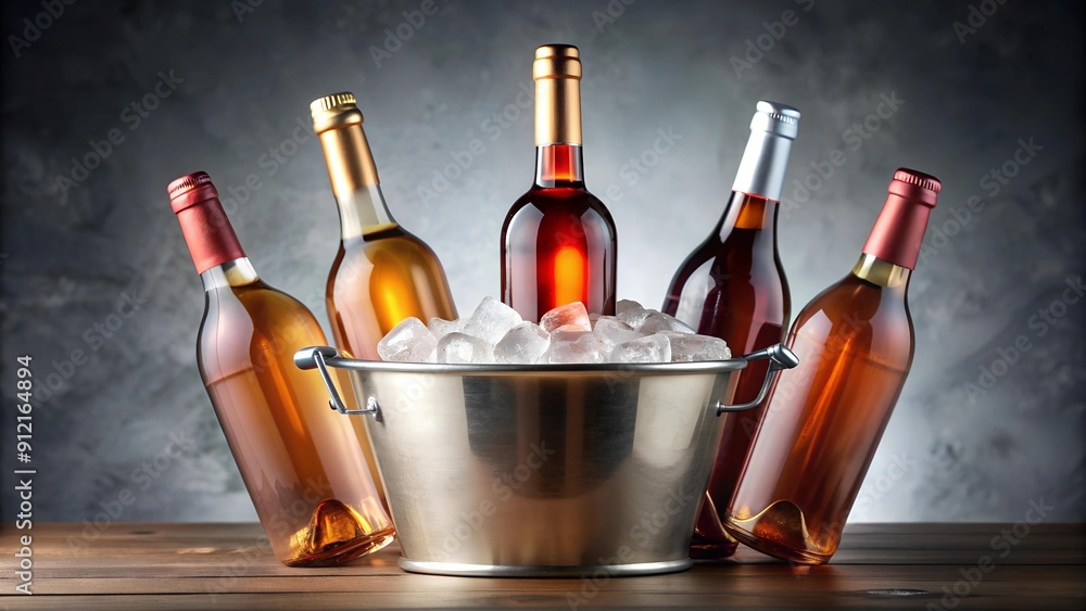 A Symphony of Wine: Red, Rose, and White Bottles in Ice Buckets AI Generated A Symphony of Wine: Red, Rose, and White Bottles in Ice Buckets AI Generated