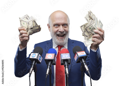 Canvastavla Greedy politician holding cash money
