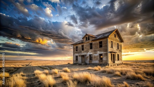 Abandoned two-story building against a vast sky and desolate plain , abandoned, two-story, building, isolated, sky, clouds