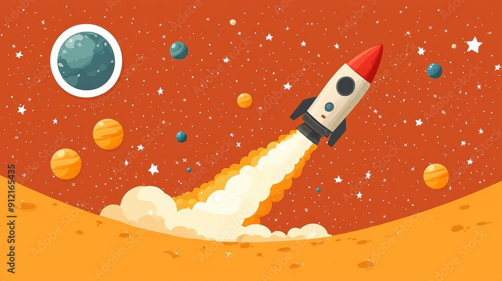 Naklejka premium Cartoon Rocket Taking Off From Planet Surface