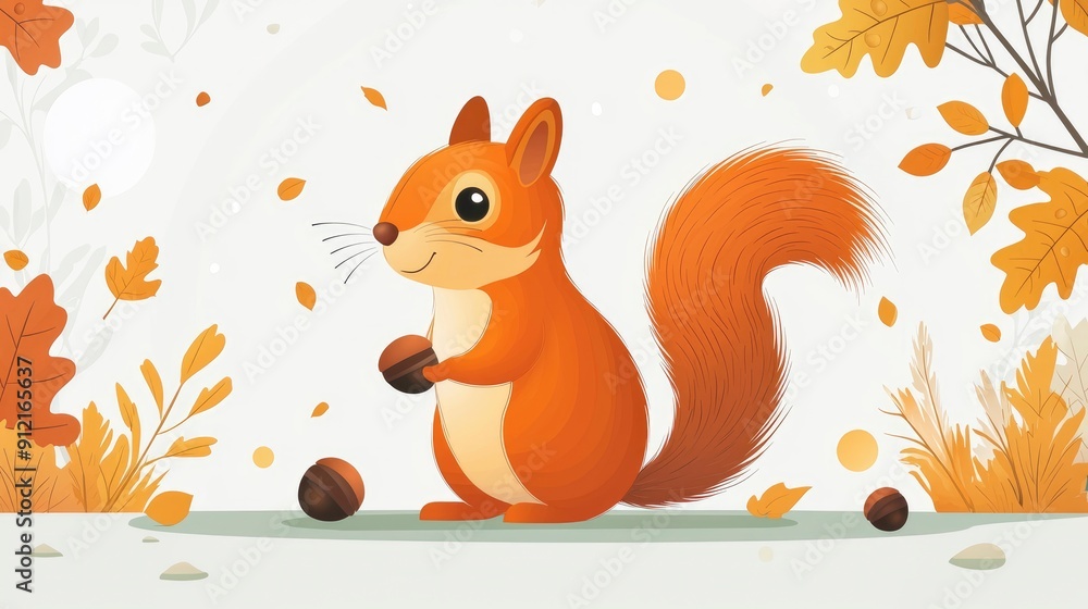 Cute Squirrel Holding Nuts in Autumn Forest Illustration Cute Squirrel Holding Nuts in Autumn Forest Illustration