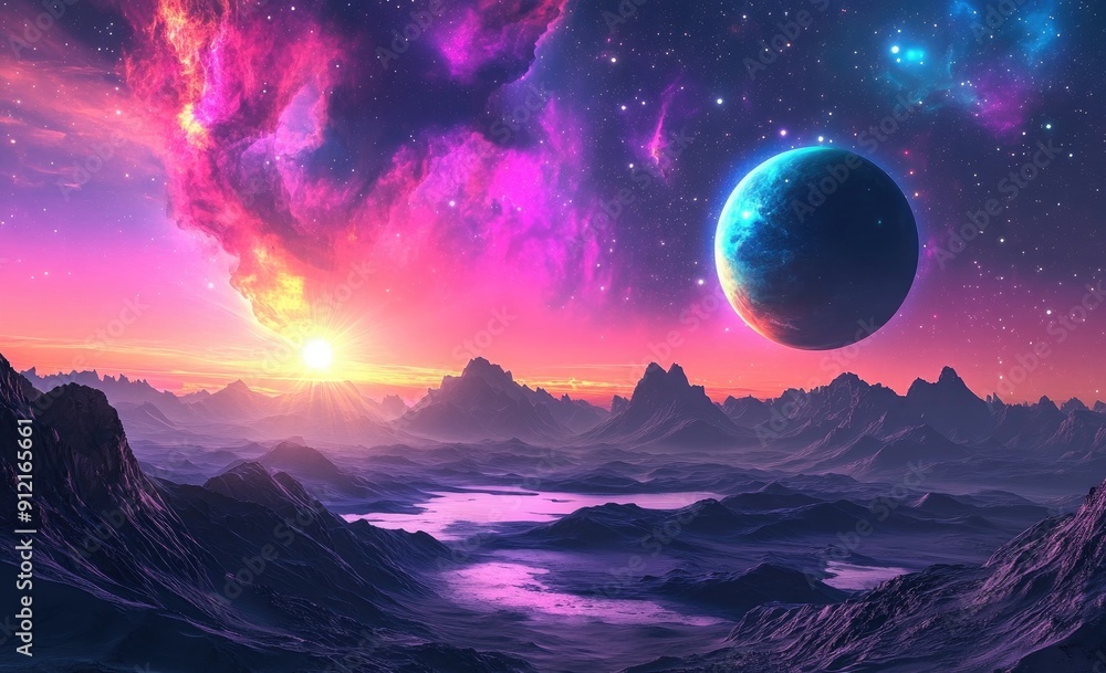 An Enchanting Alien Planet Beneath a Vibrant Nebula and Starry Sky at Dusk An Enchanting Alien Planet Beneath a Vibrant Nebula and Starry Sky at Dusk