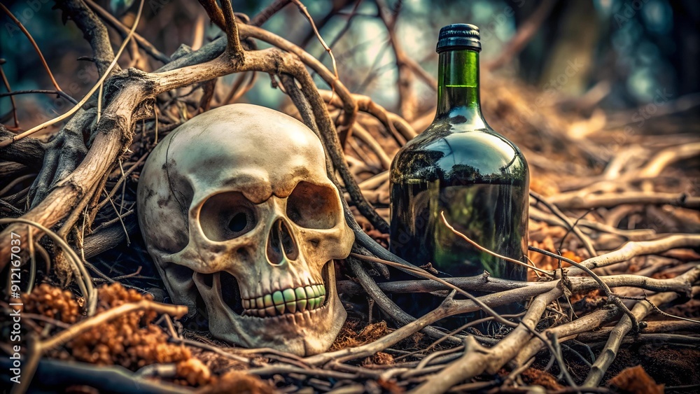 Whispers of Mortality: A Skull and Poison Bottle Amidst Decaying Vines Generative AI Whispers of Mortality: A Skull and Poison Bottle Amidst Decaying Vines Generative AI
