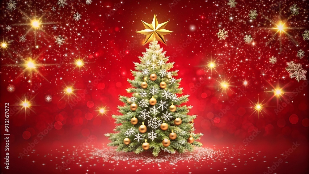 A Christmas Tree with Snowflakes and a Star on a Red Background Generative AI A Christmas Tree with Snowflakes and a Star on a Red Background Generative AI