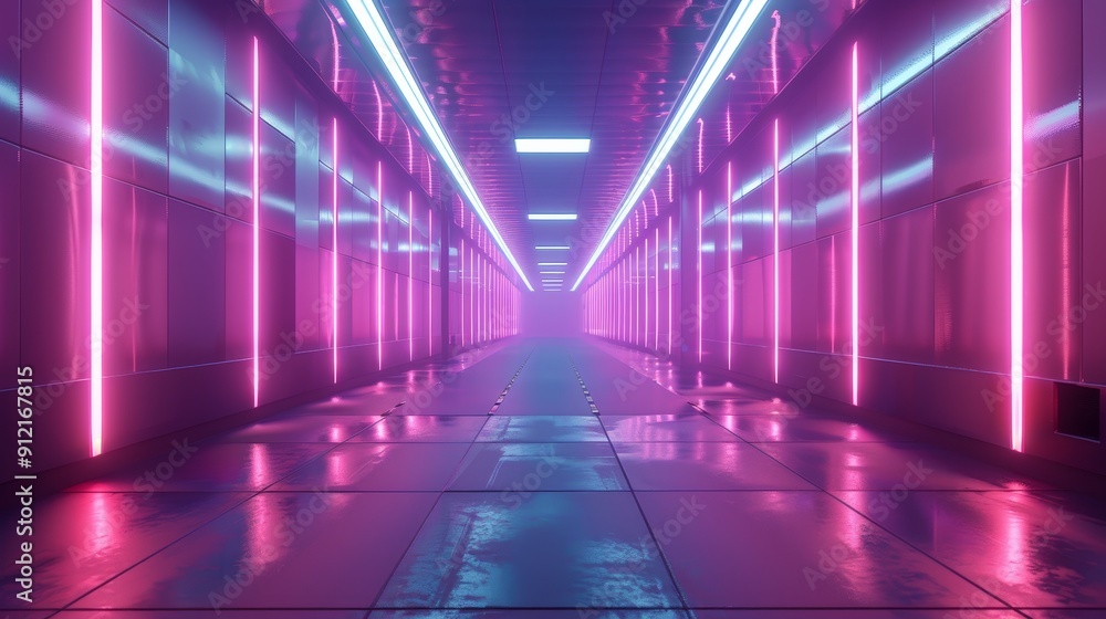 Futuristic Neon Corridor with Pink and Blue Lights - A long, narrow corridor illuminated by vibrant pink and blue neon lights, creating a futuristic and otherworldly atmosphere. The reflective floor a Futuristic Neon Corridor with Pink and Blue Lights - A long, narrow corridor illuminated by vibrant pink and blue neon lights, creating a futuristic and otherworldly atmosphere. The reflective floor a