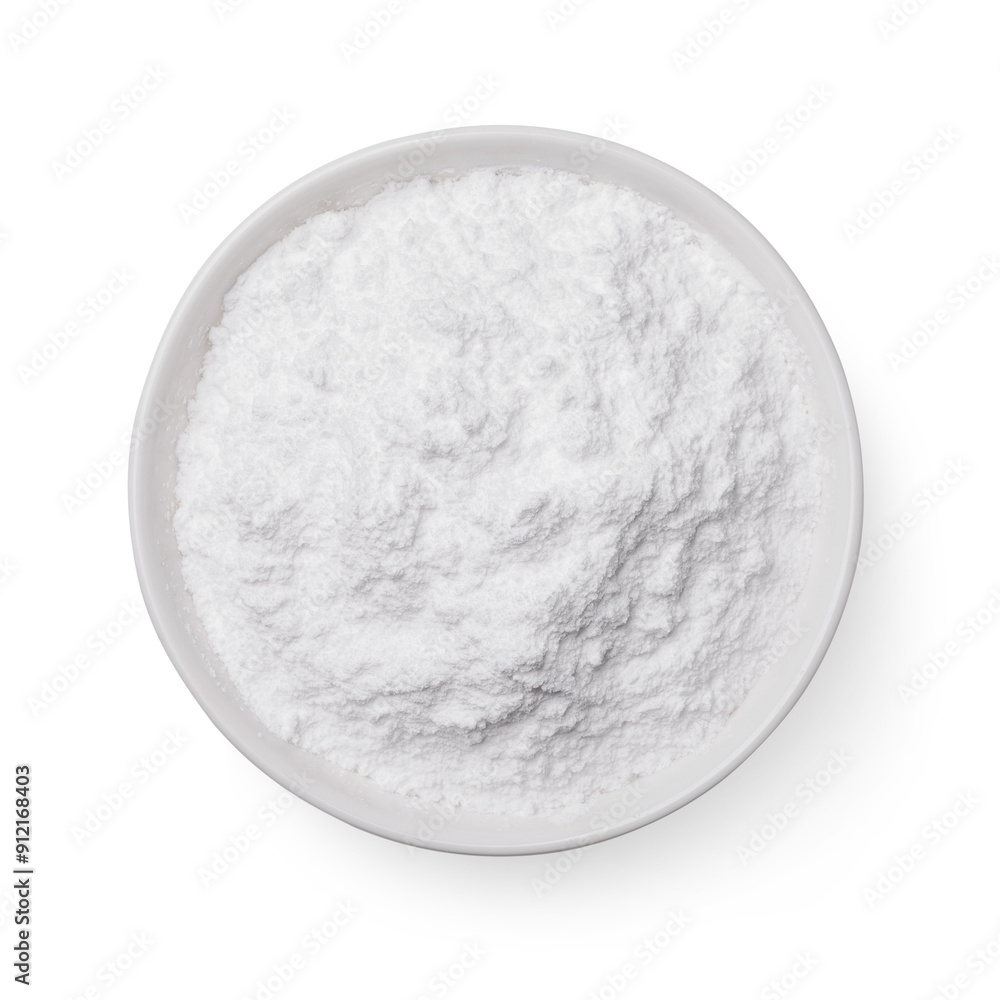 Full plate of powdered sugar isolated on white background, top view Full plate of powdered sugar isolated on white background, top view