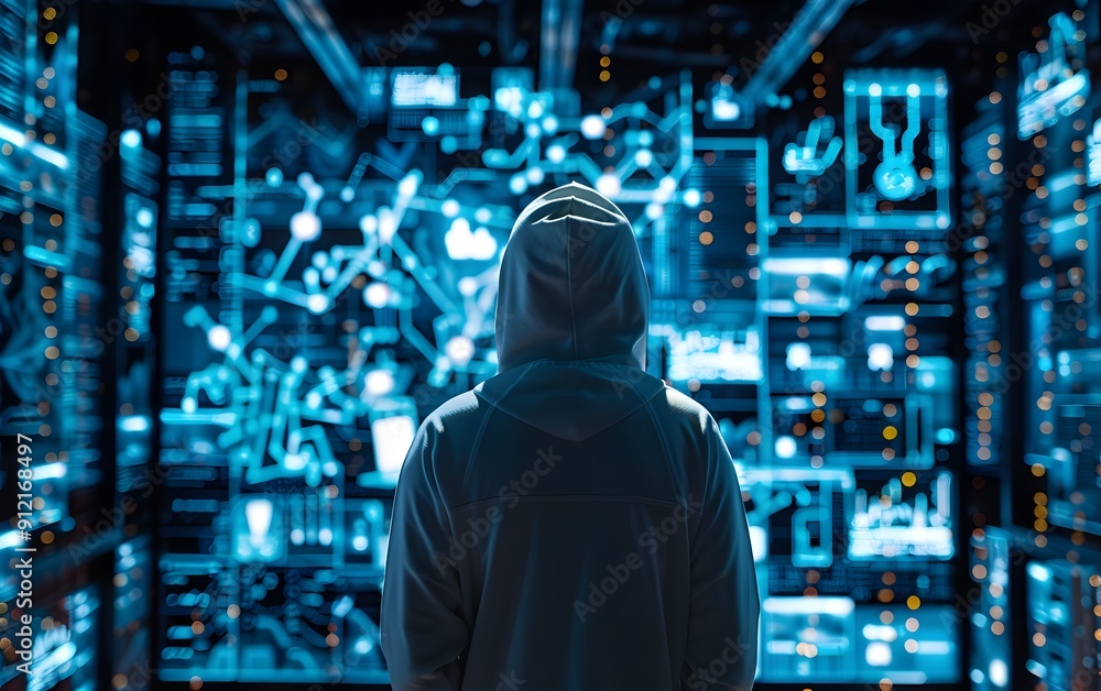 Hacker in a hoodie facing a futuristic server room with glowing blue lights, representing cyber security, technology, and data science. Hacker in a hoodie facing a futuristic server room with glowing blue lights, representing cyber security, technology, and data science.