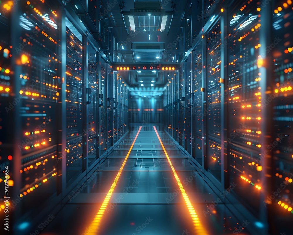 High-tech data center with advanced server technology, featuring glowing lights and modern infrastructure for optimal data storage and processing. High-tech data center with advanced server technology, featuring glowing lights and modern infrastructure for optimal data storage and processing.
