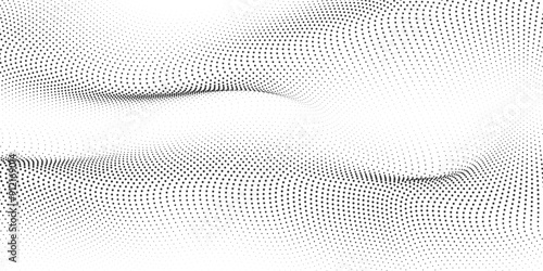Flowing dots particles wave pattern 3D curve halftone black gradient curve shape isolated on transparent background. Vector in concept of technology, science, music, modern.