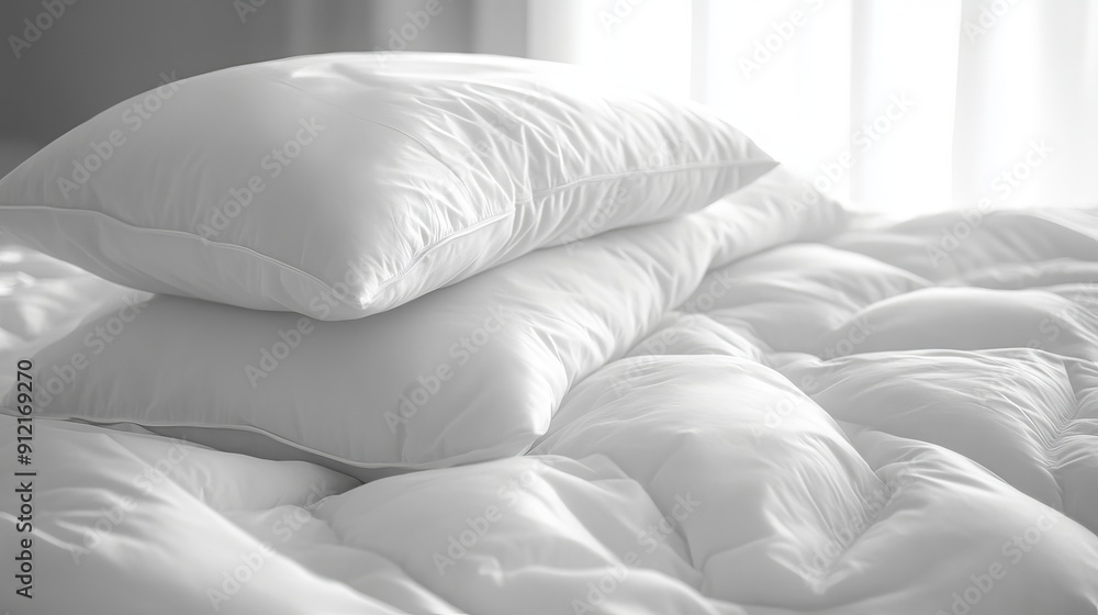 Obraz premium A pile of pillows sitting on top of a bed covered in white sheets