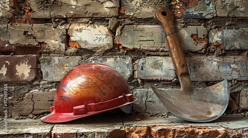 Hard Hat and Trowel on Brick Wall - Construction and Building Concept - A red hard hat and a trowel rest against a weathered brick wall, symbolizing construction, building, labor, safety, and craftsma photo