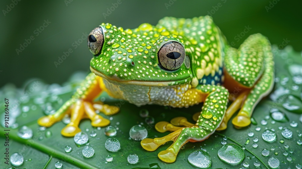 Obraz premium A Vibrant Green Tree Frog on a Dew-Covered Leaf