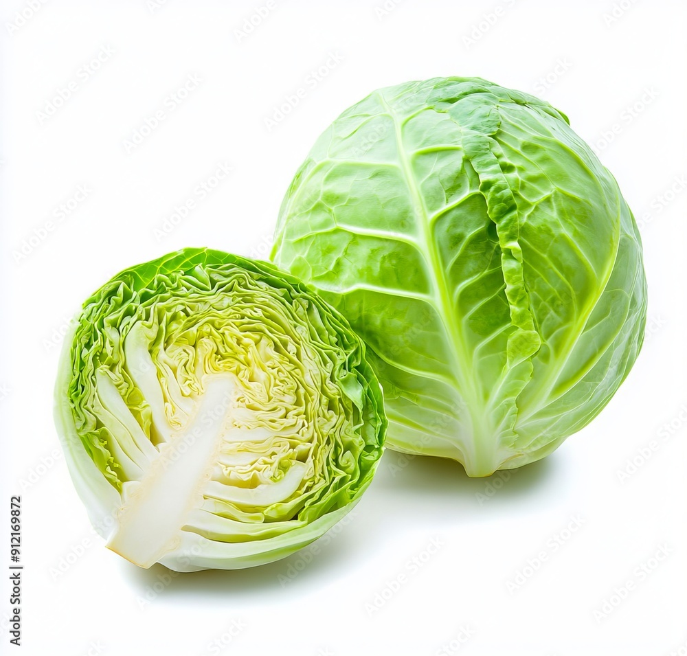 Obraz premium A head of cabbage cut in half on a white background
