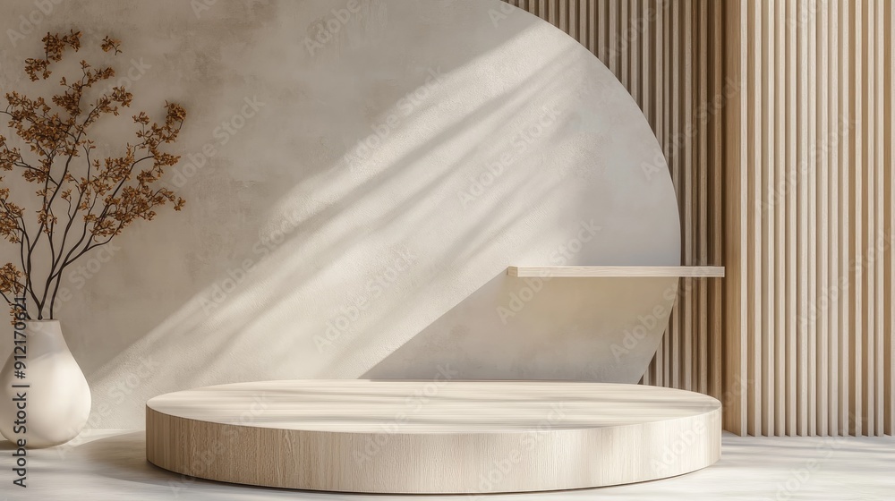 Circle wooden podium with a textured background, ideal for product display stands. Featuring an empty shelf and round table for beauty and spa mockups Circle wooden podium with a textured background, ideal for product display stands. Featuring an empty shelf and round table for beauty and spa mockups
