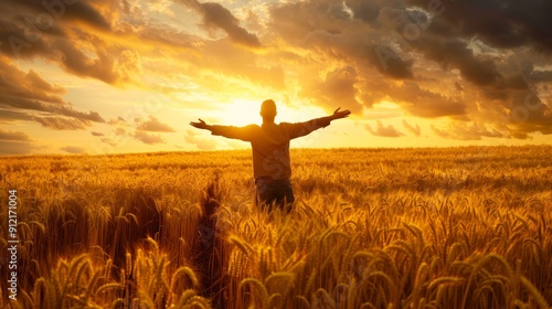 Man Standing in Wheat Field at Sunset with Arms Outstretched - A man stands in a field of golden wheat with his arms outstretched, enjoying the warmth of the sunset. The image symbolizes freedom, hope photo