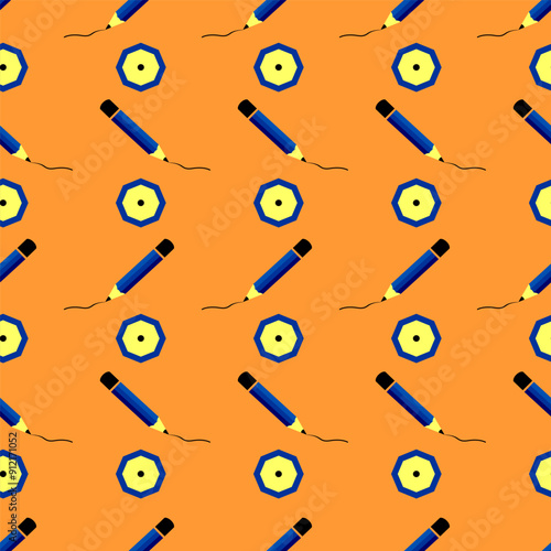 Seamless Blue Pencil Pattern with orange color background: Perfect for Fun and Educational Kids' Themes
