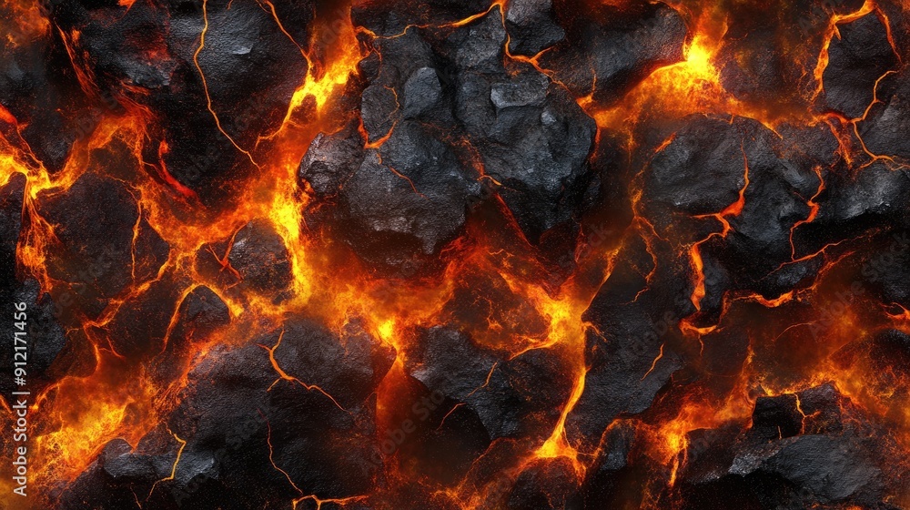 Molten lava texture with fiery rock and magma flows, creating a ...