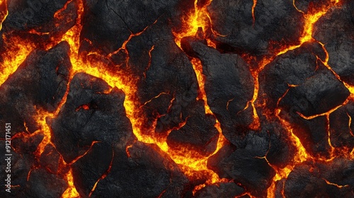 Molten lava texture with fiery rock and magma flows, creating a seamless pattern. Ideal for depicting volcanic and hellish scenes with hot flames and explosions.