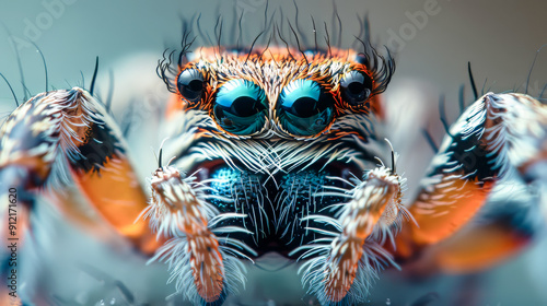 Macro shot of a spider - The detailed anatomy of a spider, including the eyes and legs.