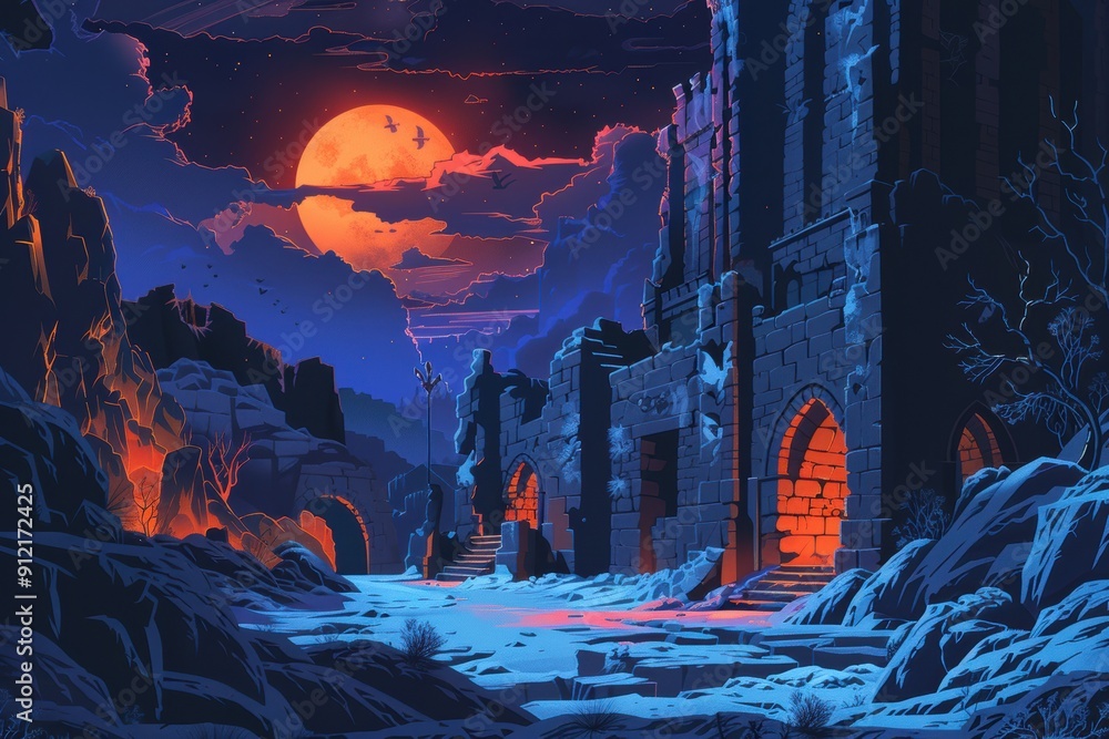 A Frozen Landscape with an Eerie Red Moon Illuminating the Ruins of a Stone Fortress A Frozen Landscape with an Eerie Red Moon Illuminating the Ruins of a Stone Fortress