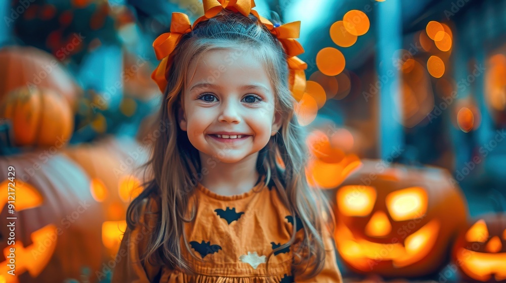 Adorable Little Girl in Halloween Costume with Pumpkins Adorable Little Girl in Halloween Costume with Pumpkins