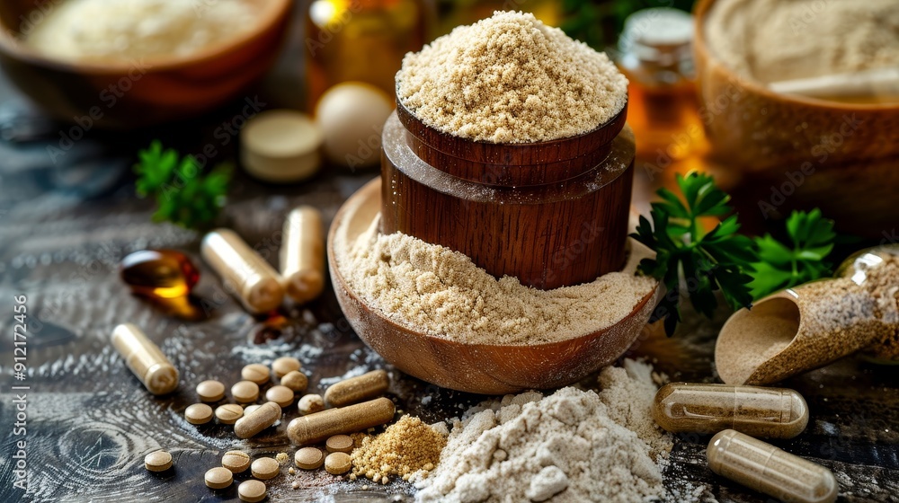 Natural Supplements and Powders for Health and Wellness - A close-up image of natural supplements and powders in wooden bowls, representing health, wellness, herbal remedies, and alternative medicine. Natural Supplements and Powders for Health and Wellness - A close-up image of natural supplements and powders in wooden bowls, representing health, wellness, herbal remedies, and alternative medicine.