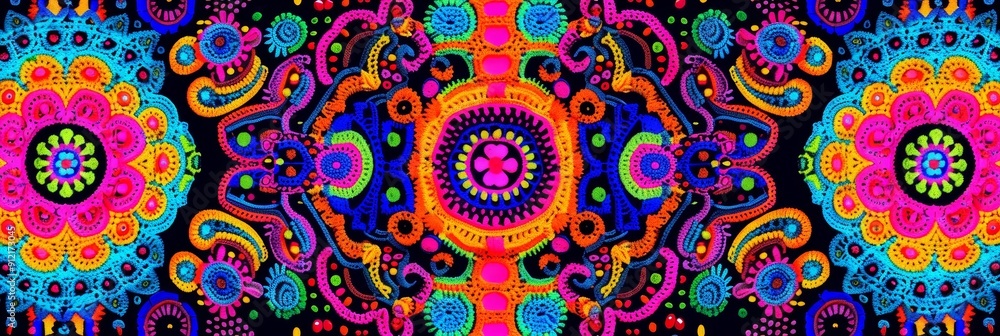 Fototapeta premium Psychedelic Mandala Design with Vibrant Colors - A captivating design with a central mandala surrounded by intricate patterns and vibrant colors symbolizing unity, harmony, balance, spirituality, and 
