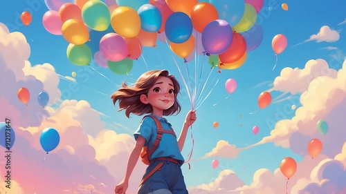 A young girl floats in the sky, held aloft by many colorful balloons, under a bright blue sky with scattered clouds.