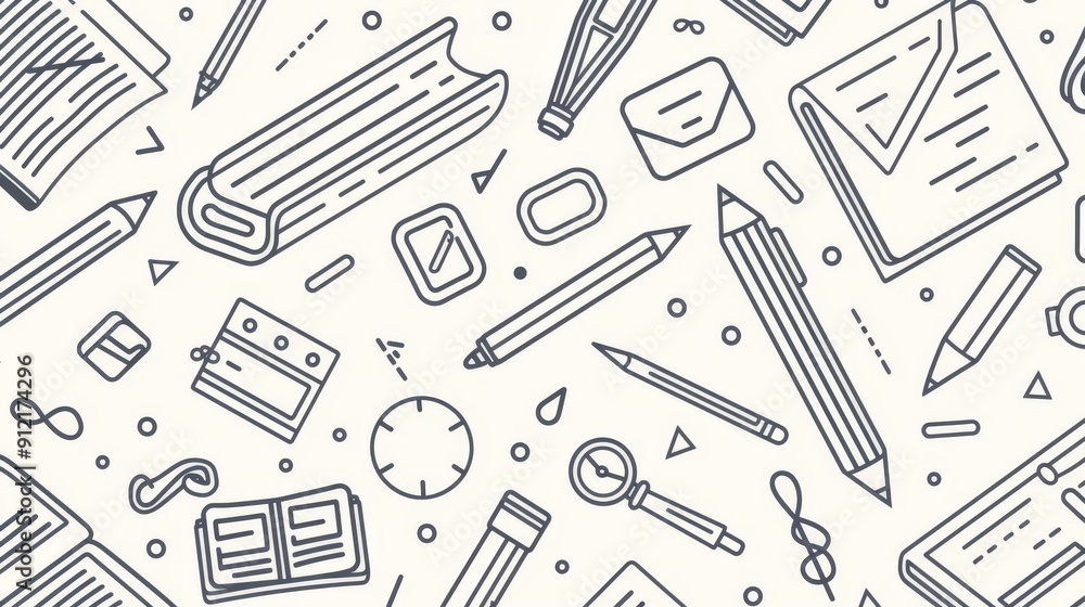 Seamless Pattern of Stationery and Office Supplies - This pattern showcases a collection of stationery items such as notebooks, pens, pencils, rulers, and more. It symbolizes organization, productivit Seamless Pattern of Stationery and Office Supplies - This pattern showcases a collection of stationery items such as notebooks, pens, pencils, rulers, and more. It symbolizes organization, productivit