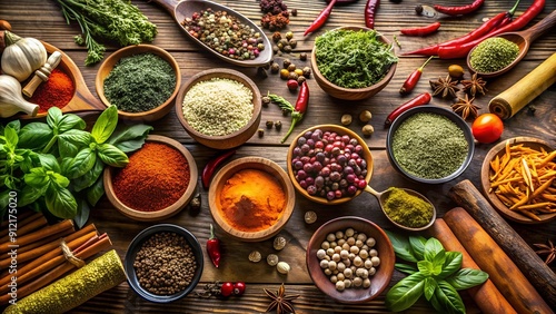 A Visual Feast: A Still Life Composition of Spices and Herbs in a Kitchen Setting Generative AI