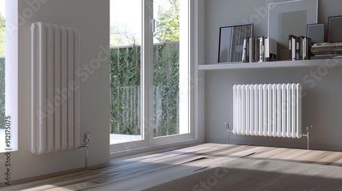 Bright Modern Home Interior Featuring White Metal Plant Stands Near Large Window in a Serene Environment
