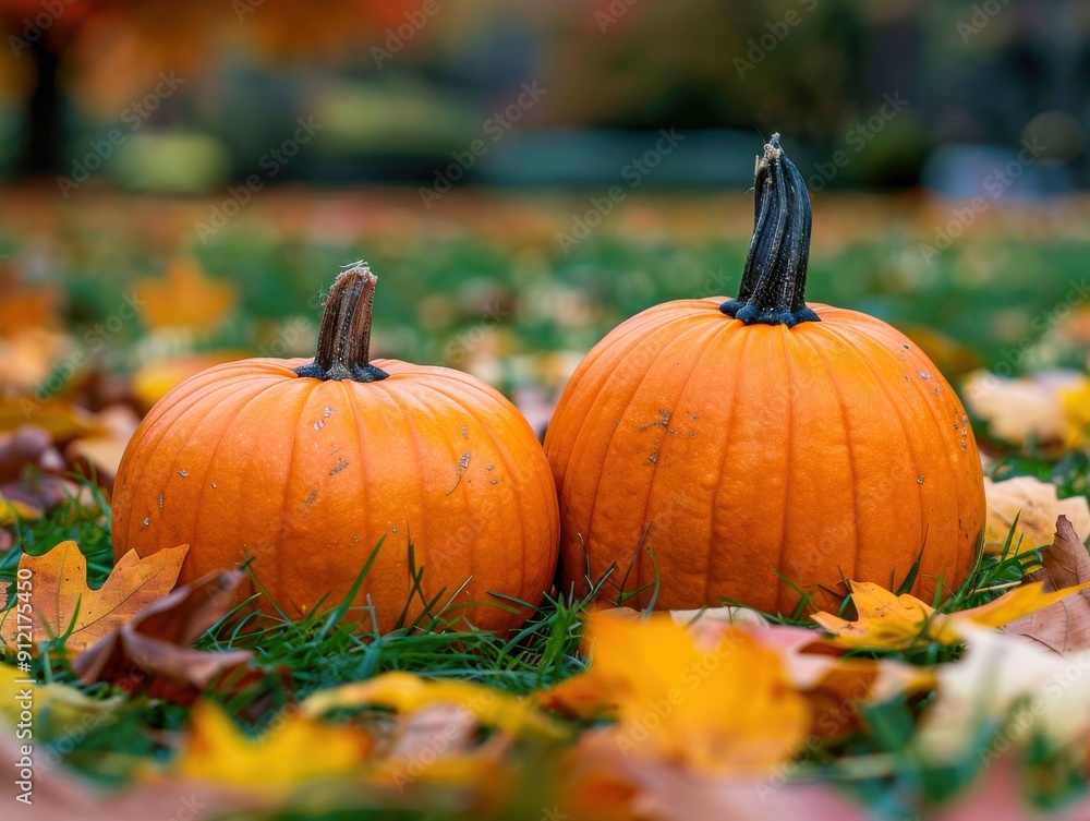 Autumn Pumpkins on Grass with Fallen Leaves Autumn Pumpkins on Grass with Fallen Leaves