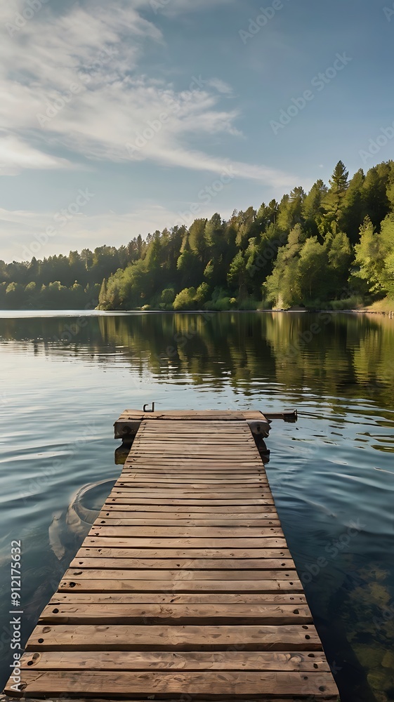 Peaceful lakeside scene with a wooden dock and calm Peaceful lakeside scene with a wooden dock and calm