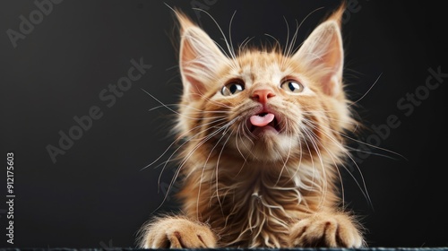 A cat with a long, fluffy tail and a pink nose is looking up at the camera