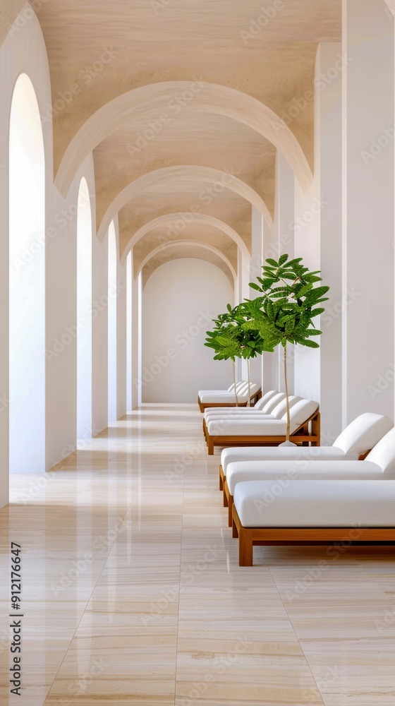 Serene White Luxury Spa Corridor with Loungers Serene White Luxury Spa Corridor with Loungers
