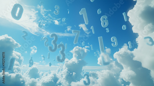 Floating numbers in blue sky with clouds create surreal atmosphere. scene evokes sense of wonder and imagination, blending nature with abstract concepts