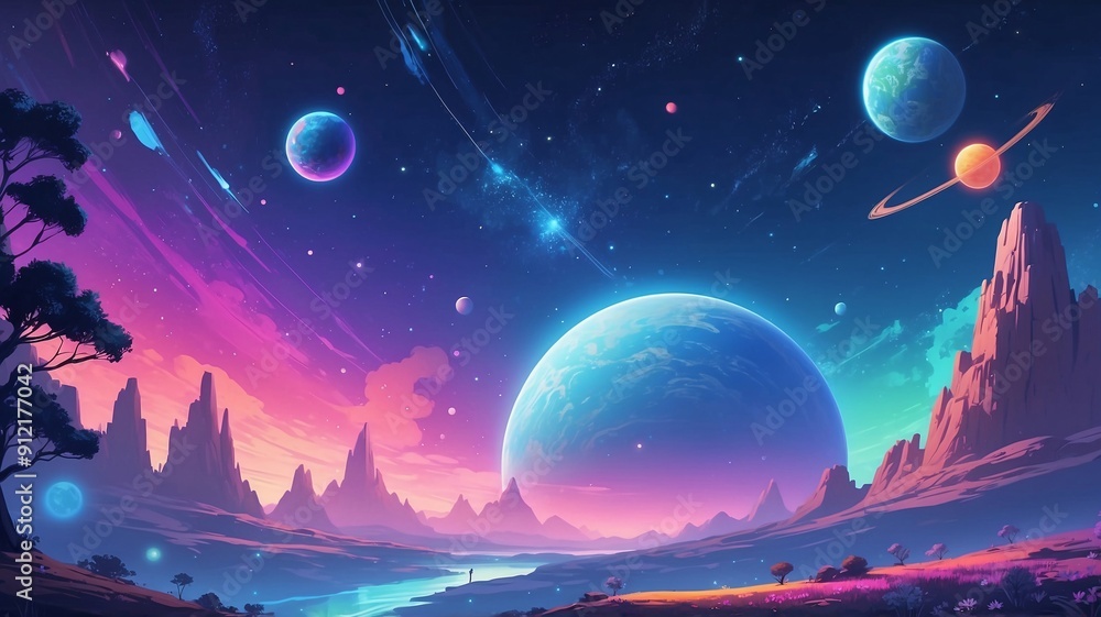 A breathtaking scene featuring majestic planets with vibrant skies over a serene landscape of jagged peaks. A breathtaking scene featuring majestic planets with vibrant skies over a serene landscape of jagged peaks.