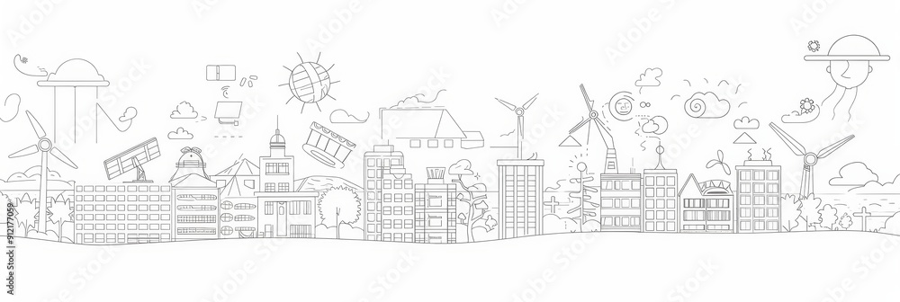 Sustainable Cityscape: A Vision for a Greener Future - A hand-drawn illustration showcasing a city with wind turbines, solar panels, and other sustainable elements, representing a vision for a clean a Sustainable Cityscape: A Vision for a Greener Future - A hand-drawn illustration showcasing a city with wind turbines, solar panels, and other sustainable elements, representing a vision for a clean a