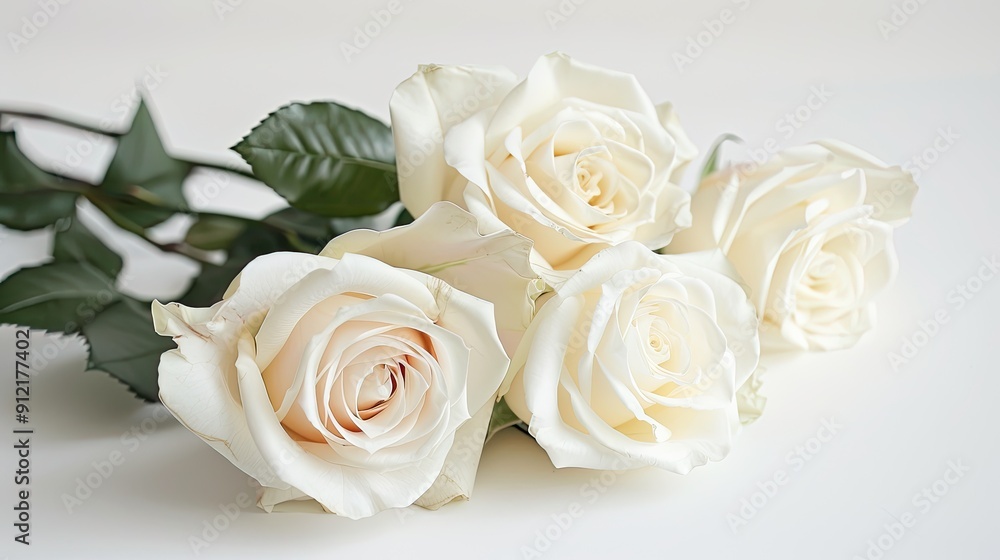White roses with green leaves. Perfect for wedding, love, and romance themes. White roses with green leaves. Perfect for wedding, love, and romance themes.