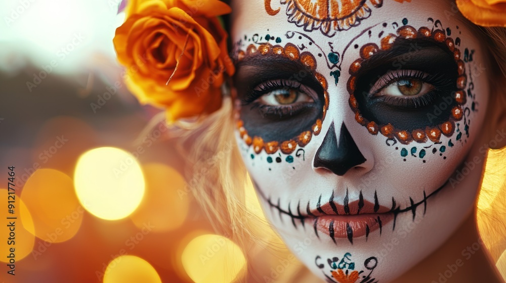 a woman with a face painted in orange roses a woman with a face painted in orange roses