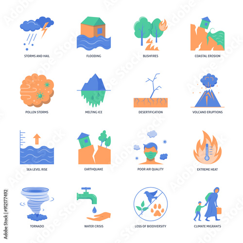 Global warming impact flat icon set. Vector illustration.