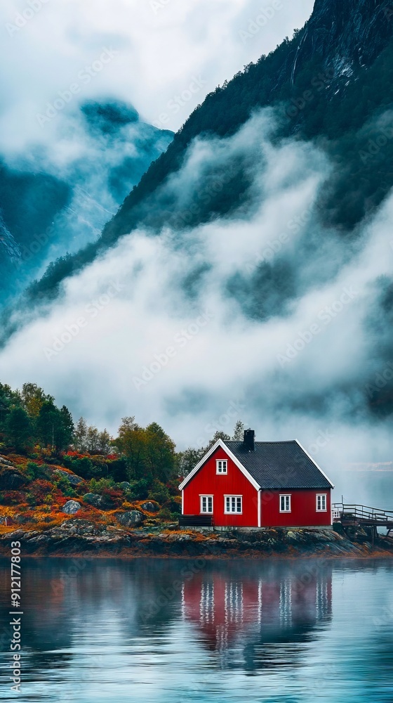 A red house sitting on top of a body of water next to a mountain A red house sitting on top of a body of water next to a mountain