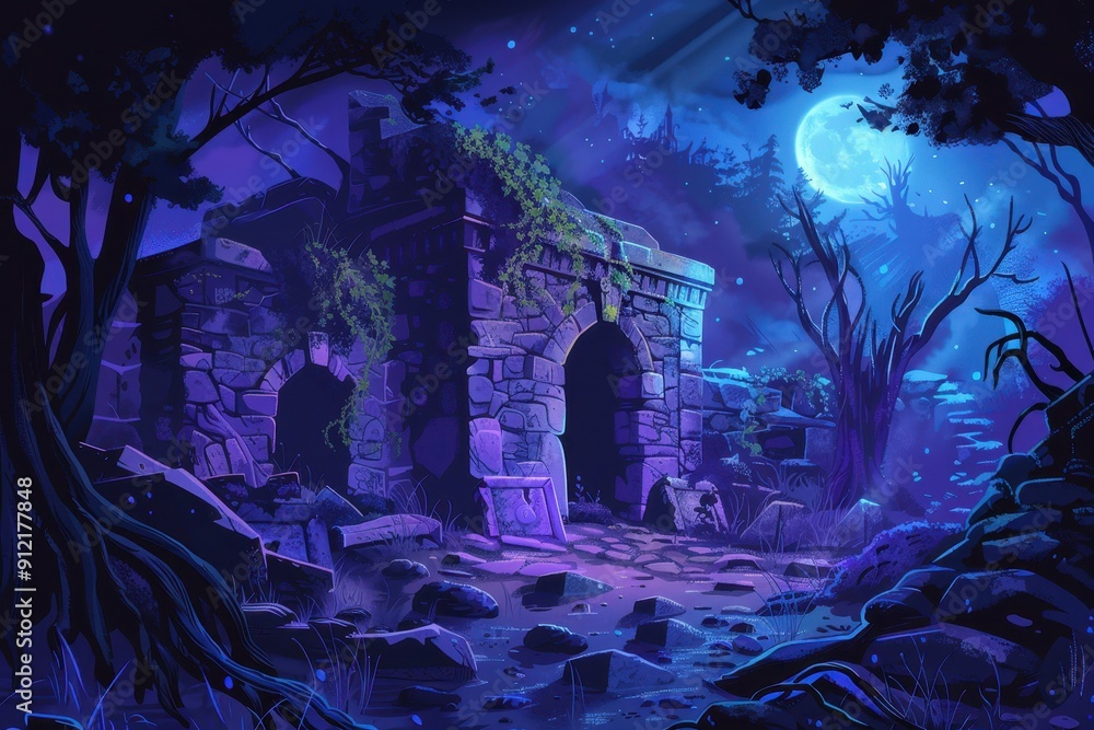 Obraz premium Stone Archway Entrance to a Mysterious Forest at Night