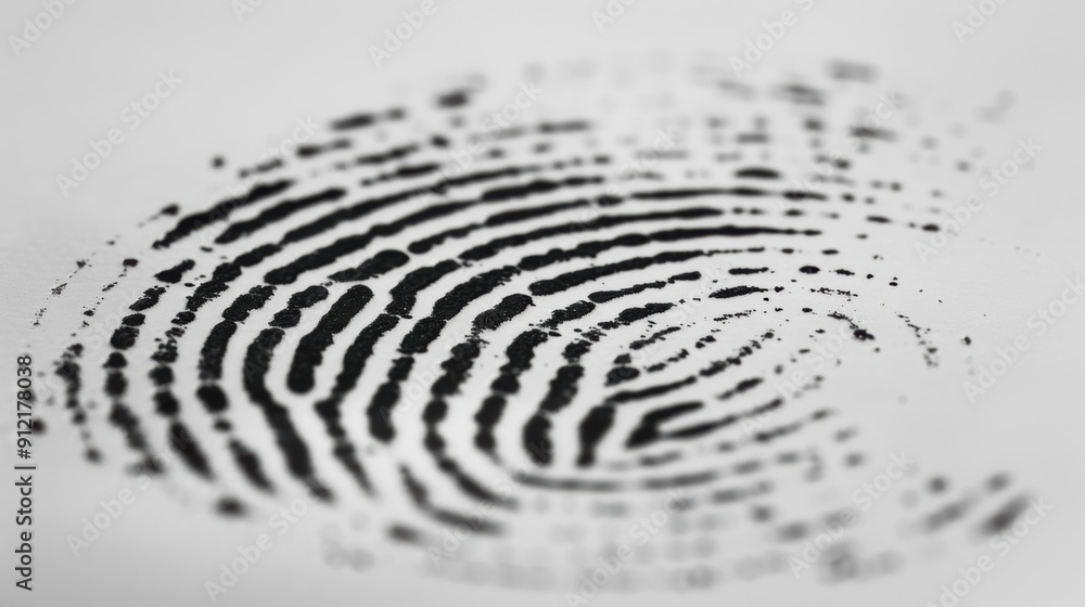 A close-up of a black fingerprint on a white background, emphasizing identity and securit A close-up of a black fingerprint on a white background, emphasizing identity and securit