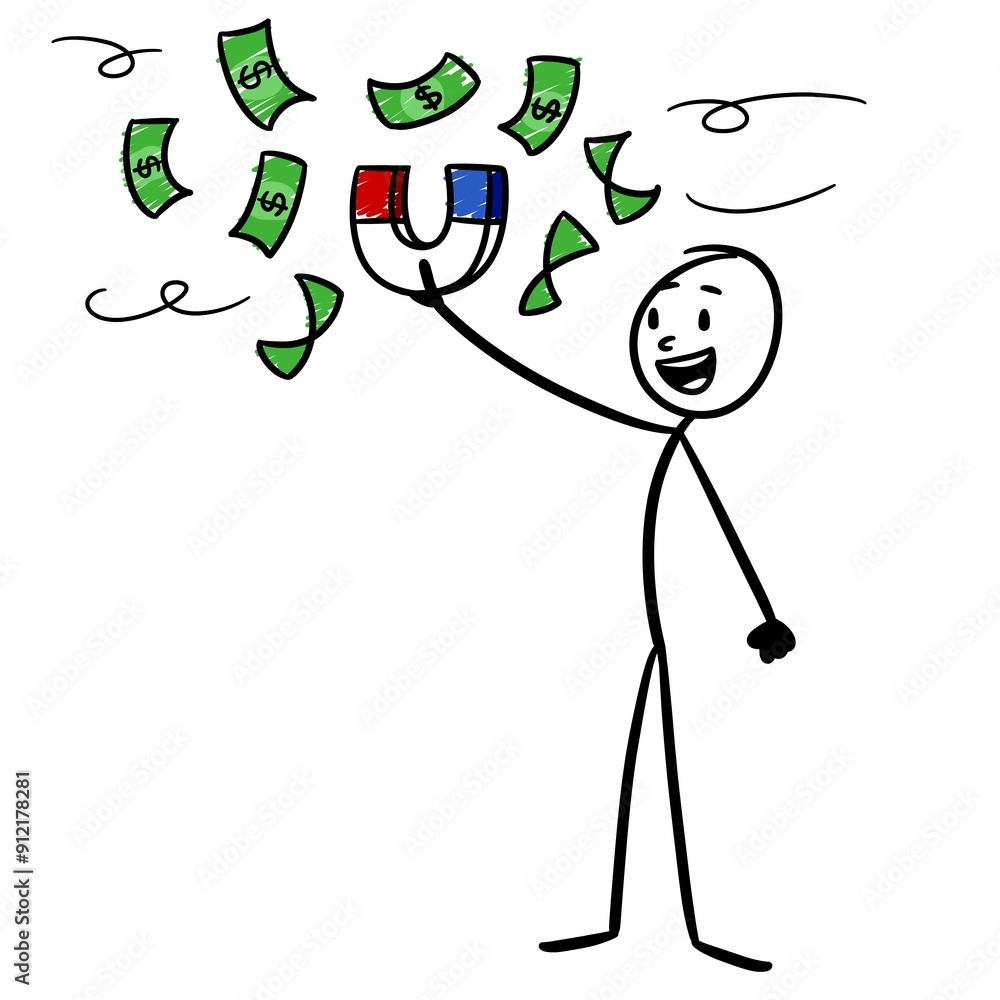 someone looks happy holding a big magnet to attract money someone looks happy holding a big magnet to attract money