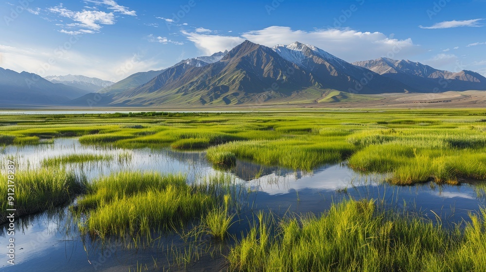 Tranquil Mountain Lake with Lush Grasslands - A serene landscape featuring a mountain lake reflecting the snow-capped peaks in the distance. Green grasslands stretch out across the foreground, creatin Tranquil Mountain Lake with Lush Grasslands - A serene landscape featuring a mountain lake reflecting the snow-capped peaks in the distance. Green grasslands stretch out across the foreground, creatin