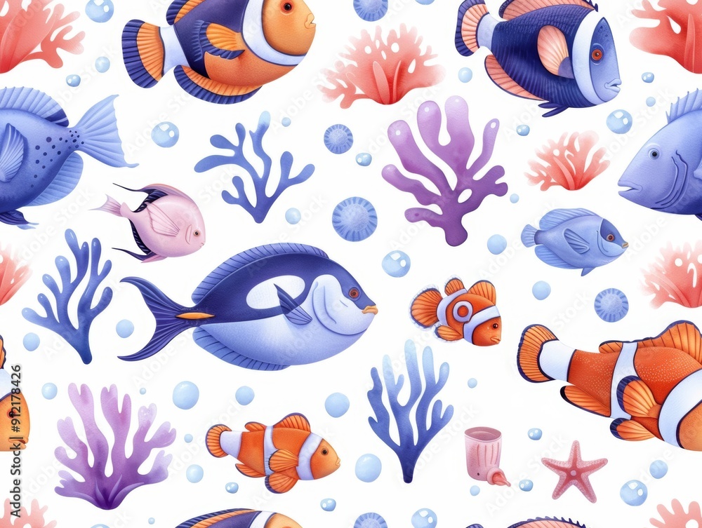 Fototapeta premium A seamless watercolor pattern depicting an underwater world filled with colorful fish and vibrant coral reefs, showcasing the beauty of marine life.