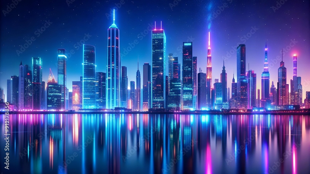 A futuristic cityscape where towering skyscrapers reflect the vibrant neon lights onto a shimmering, cybernetic sea. AI generated A futuristic cityscape where towering skyscrapers reflect the vibrant neon lights onto a shimmering, cybernetic sea. AI generated